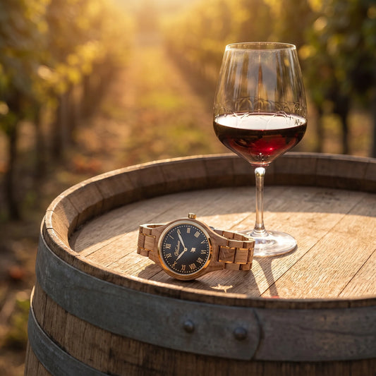 Dámské dřevěné hodinky Barrique Wine Noir - lifestylová fotografie křišťálové sklenice vína na dubovém sudu