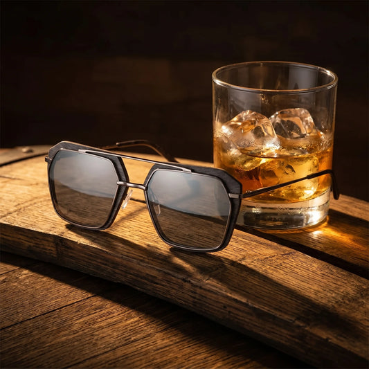 Grain Whisky Eben - fotografie životního stylu na dubovém sudu se sklenkou whisky s ledem