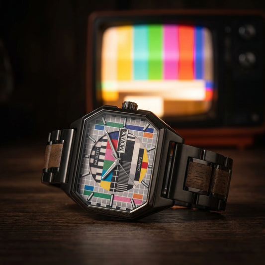 Náramkové hodinky Sendeschluss ořech - lifestylová fotografie, ciferník s motivem TV testu, antracitově šedý náramek