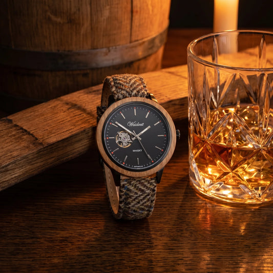 Pánské dřevěné automatické hodinky Whiskey Bourbon Tweed - životní styl fotografie křišťálové sklenice whisky na dubovém povrchu