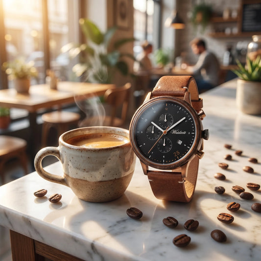 Pánské dřevěné hodinky Barista Espresso Leather Watch - lifestylová fotografie espressa na mramorovém pultu kavárny