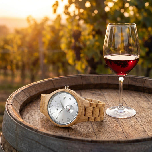 Pánské dřevěné hodinky Barrique Chardonnay - lifestylová fotografie s křišťálovou sklenkou vína na dubovém sudu