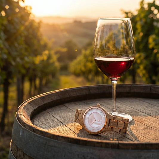 Pánské dřevěné hodinky Barrique Wine Rose - fotografie životního stylu s křišťálovou sklenicí vína na dubovém sudu