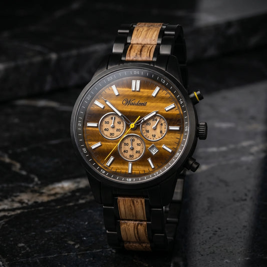 Pánské dřevěné hodinky Courage Chronograph - lifestylová fotografie na tmavém mramorovém povrchu