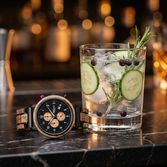 Pánské dřevěné hodinky Gin Berry Black - lifestylová fotografie s koktejlem z ginu s okurkou, ledem a bylinkami