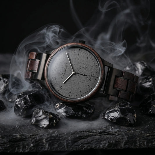 Unisex dřevěné hodinky Mystik Black - fotografie životního stylu na tmavém kameni s mystickým závojem kouře
