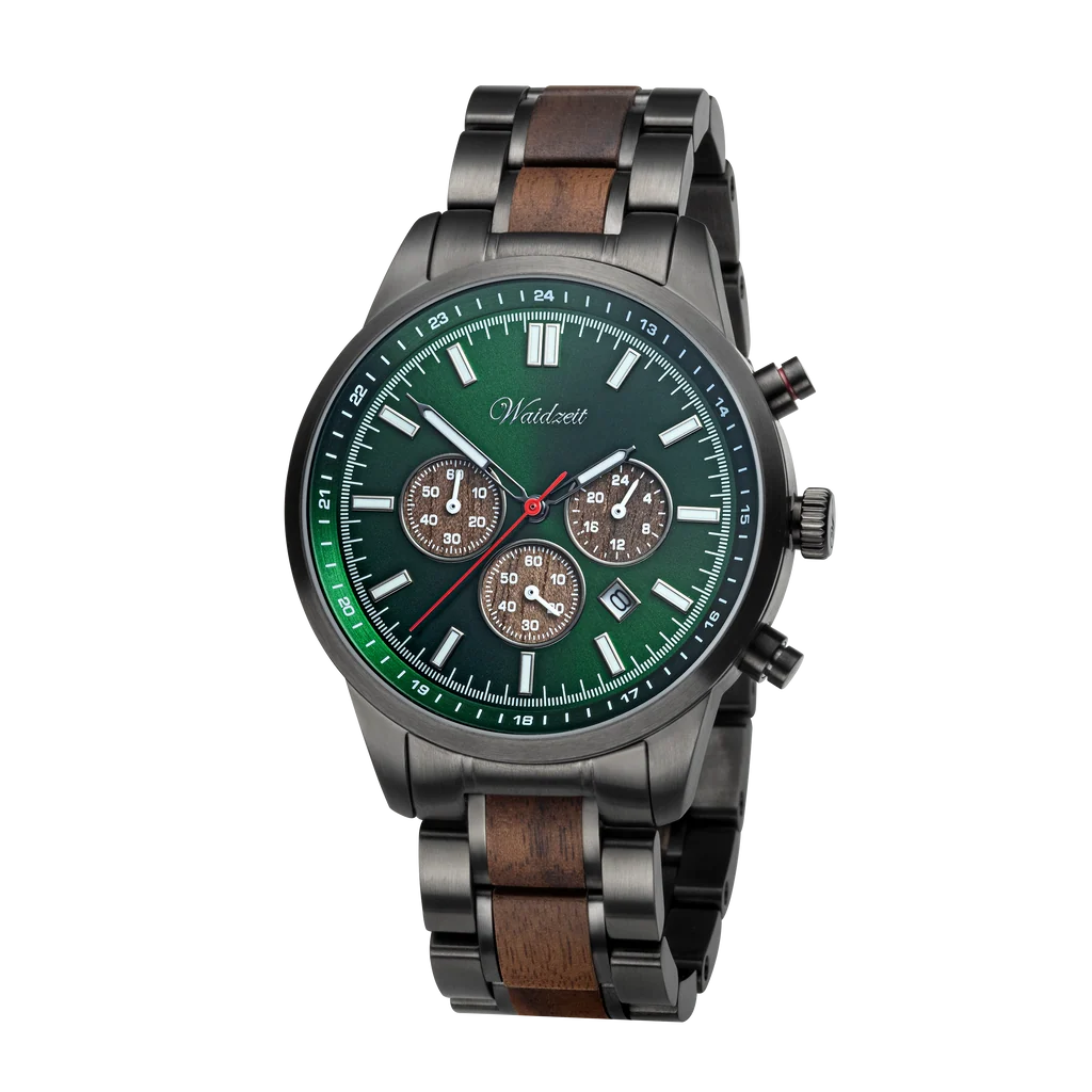 Pánské dřevěné hodinky Waidzeit Wisdom Chronograph – smaragdově zelený ciferník, ořechové dřevo a antracitová ocel