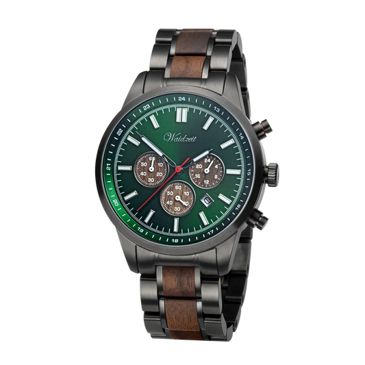 Pánské dřevěné hodinky Waidzeit Wisdom Chronograph – smaragdově zelený ciferník, ořechové dřevo a antracitová ocel