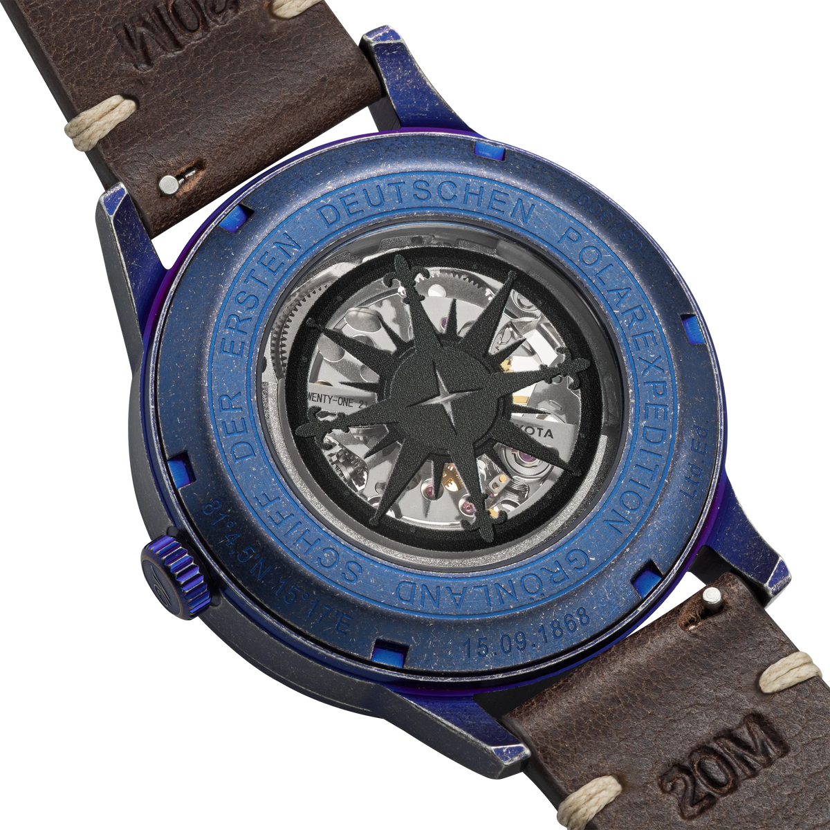 Automatické hodinky Waidzeit Grönland Vintage Blue – zadní víčko s kompasem