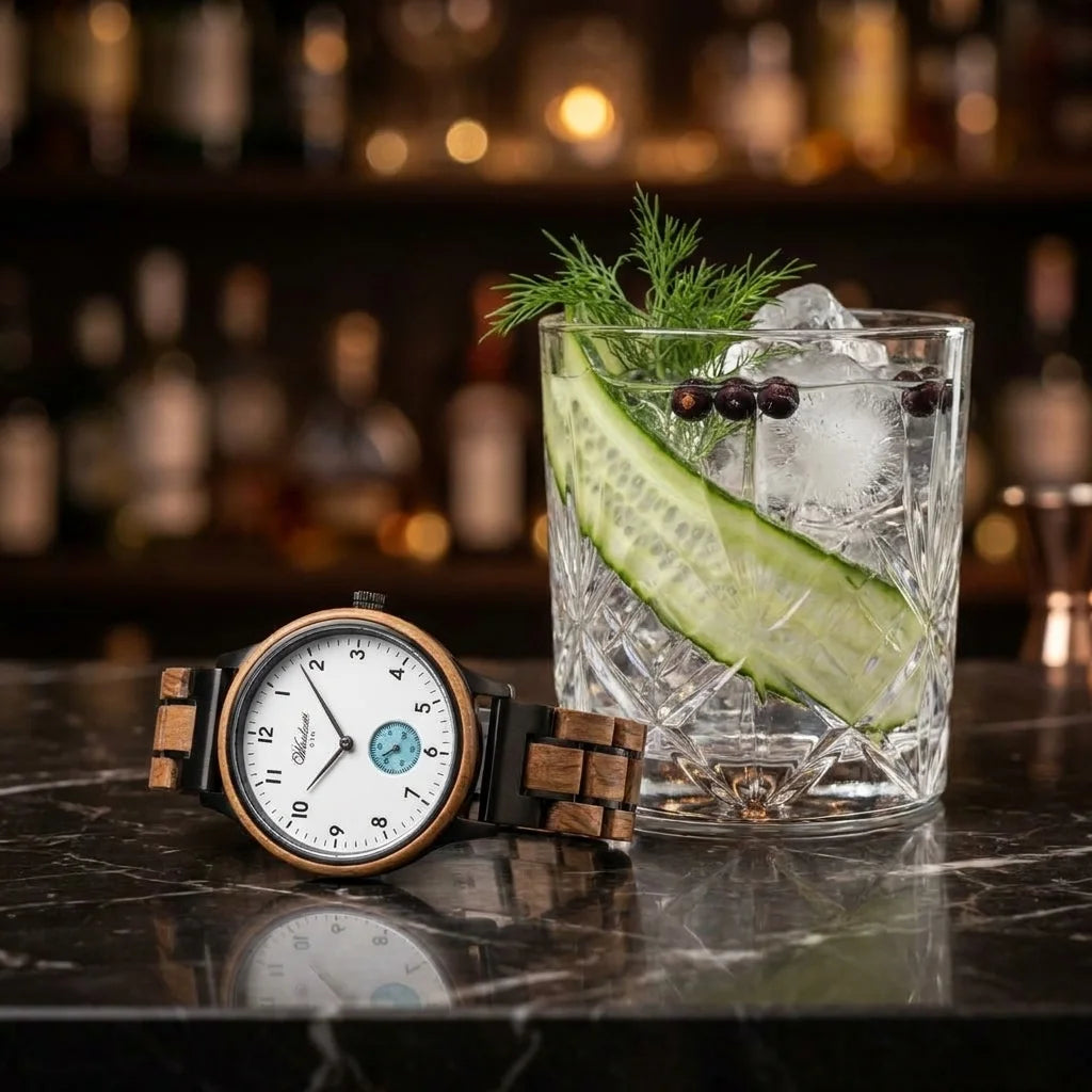 Dámské dřevěné hodinky Gin White Ice - fotografie životního stylu s koktejlem z ginu s okurkou, ledem a bylinkami