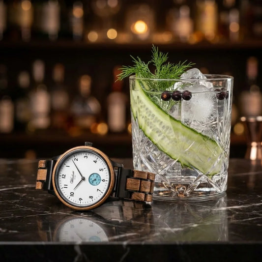 Dámské dřevěné hodinky Gin White Ice - fotografie životního stylu s koktejlem z ginu s okurkou, ledem a bylinkami