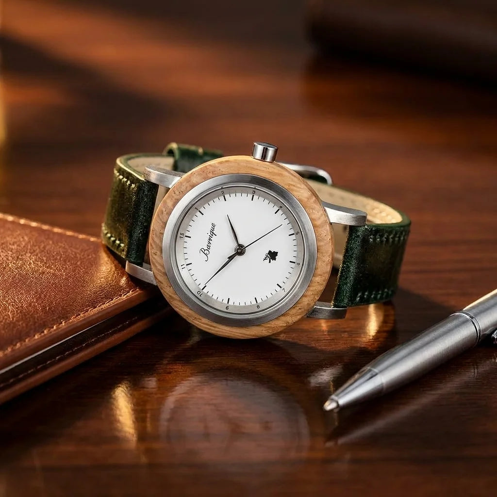 Dámské dřevěné hodinky Grapevine Green - Lifestyle fotografie na tmavém dřevěném stole od Leather Wallet