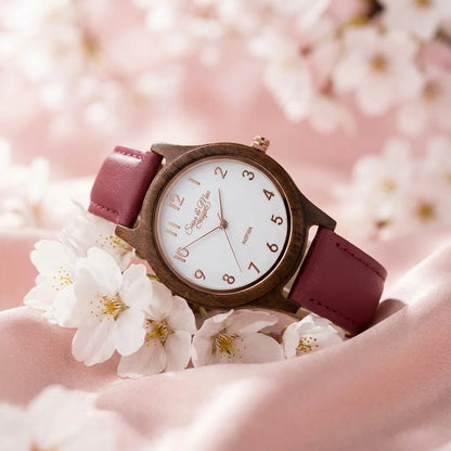 Dámské dřevěné hodinky Sissy Burgundy - životní styl Fotografie na bílých třešňových květech s hedvábnou tkaninou