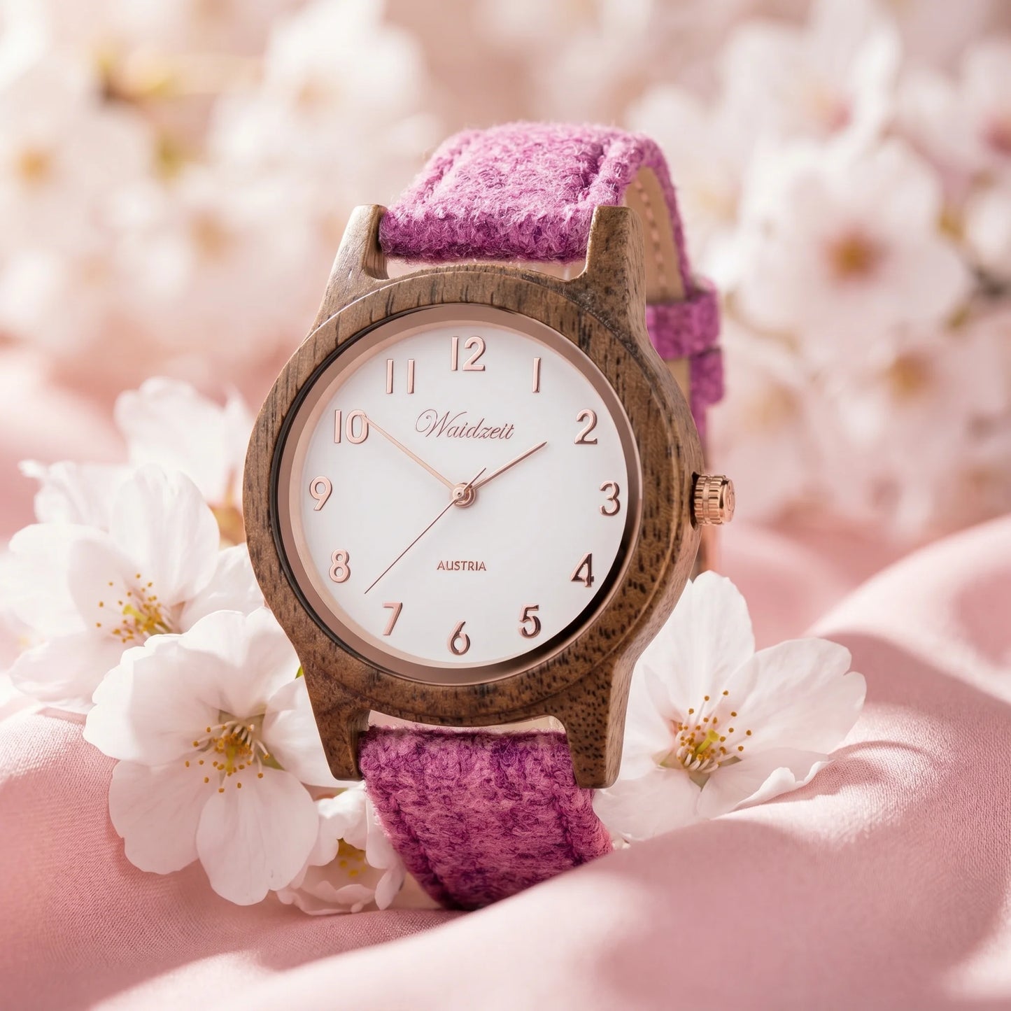 Dámské dřevěné hodinky Sissy Loden Pink - životní styl Fotografie na bílých třešňových květech s hedvábnou tkaninou