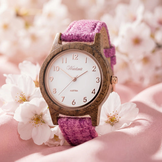 Dámské dřevěné hodinky Sissy Loden Pink - životní styl Fotografie na bílých třešňových květech s hedvábnou tkaninou
