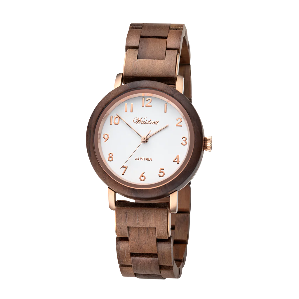 Dámské dřevěné hodinky Waidzeit Sissy z ořechového dřeva – vintage styl s měděnými detaily a dřevěným páskem