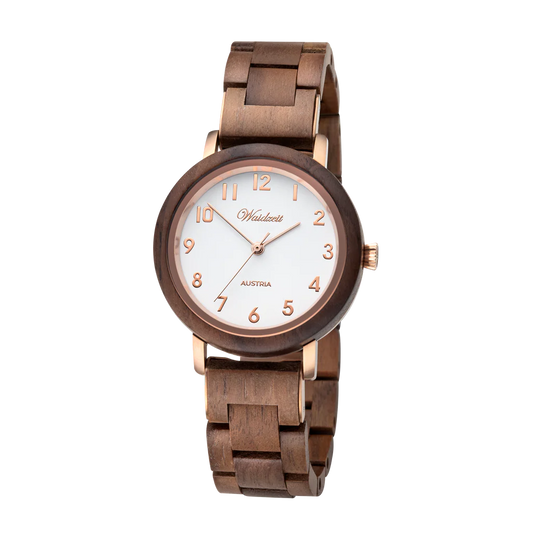 Dámské dřevěné hodinky Waidzeit Sissy z ořechového dřeva – vintage styl s měděnými detaily a dřevěným páskem