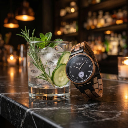 Dámské dřevěné hodinky Gin Black Berry - Fotografie životního stylu s koktejlem z ginu s okurkou, ledem a bylinkami