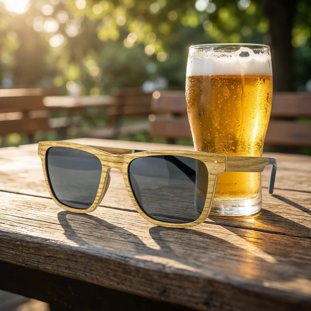 Bierfass - lifestylová fotografie v zahradním pivovaru se sklenicí zlatavého piva