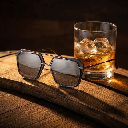 Grain Whisky Eben - fotografie životního stylu na dubovém sudu se sklenkou whisky s ledem