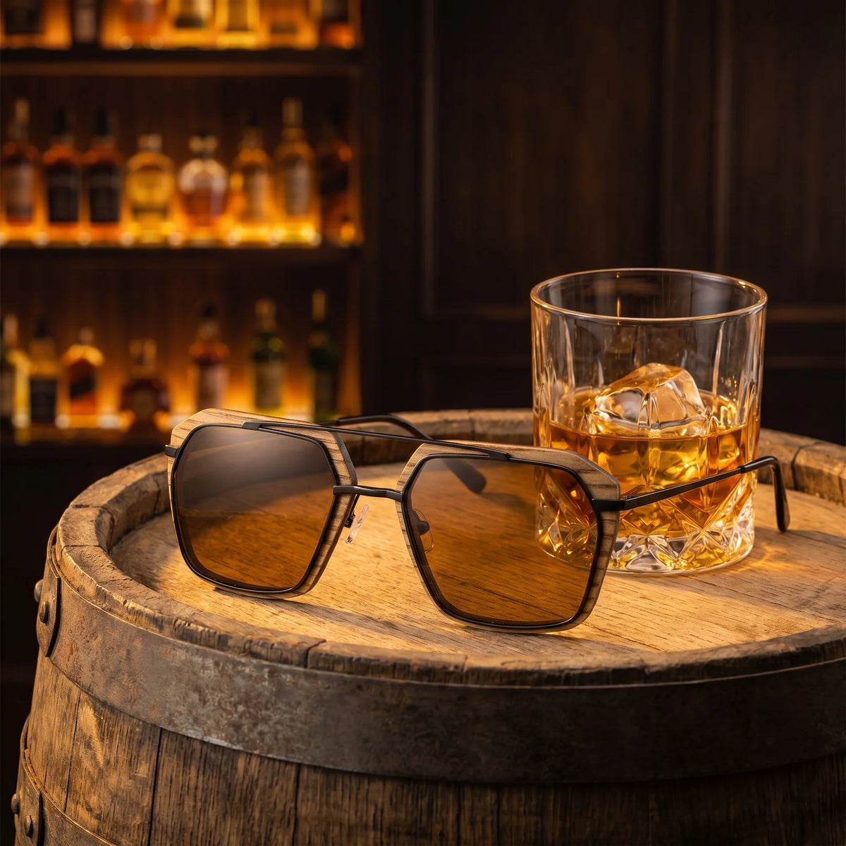 Grain Whiskey - lifestylová fotografie na dubovém sudu se sklenkou irské whiskey