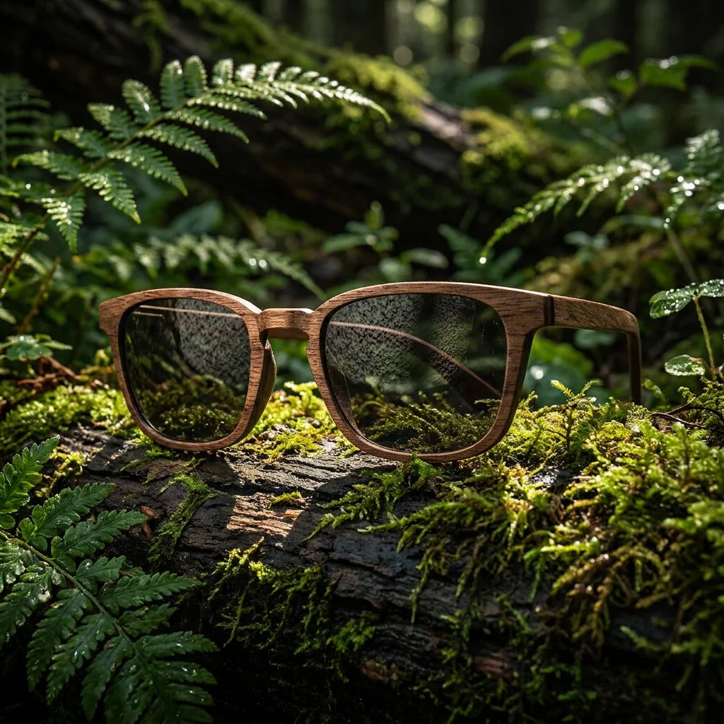 Waldblick Eben - lifestylová fotografie na tmavém lesním kmeni obklopeném kapradím