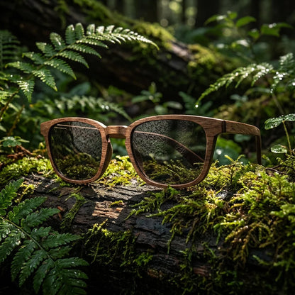Waldblick Eben - lifestylová fotografie na tmavém lesním kmeni obklopeném kapradím