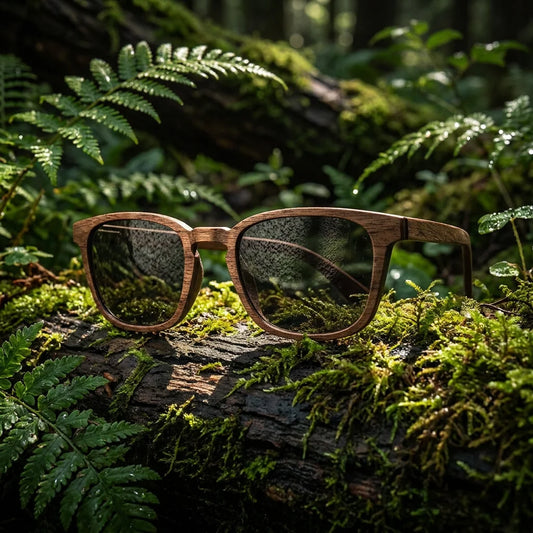 Waldblick Eben - lifestylová fotografie na tmavém lesním kmeni obklopeném kapradím