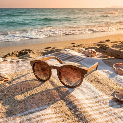 Dřevěné sluneční brýle Waidzeit Beach View – lifestylová fotografie na pláži u moře