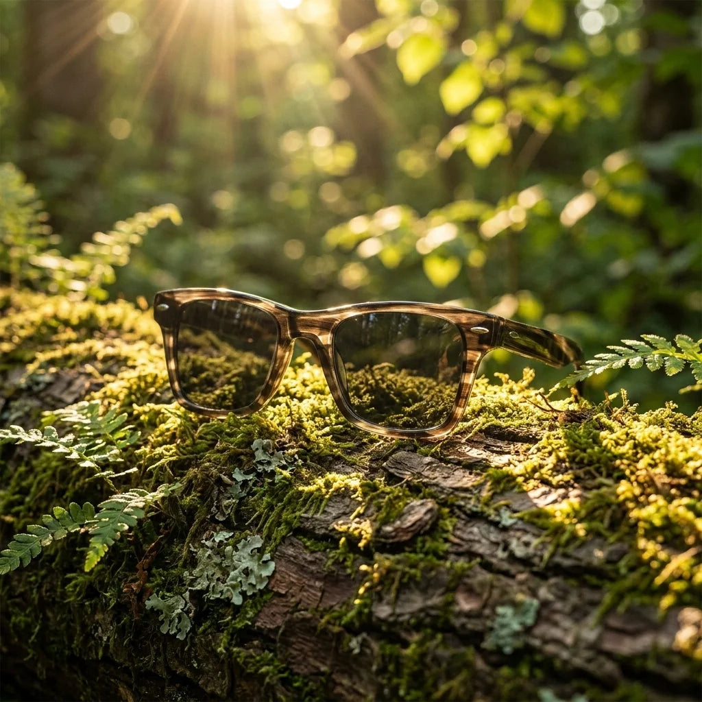 Dřevěné sluneční brýle Waidzeit Forest View – lifestylová fotografie v lesním prostředí