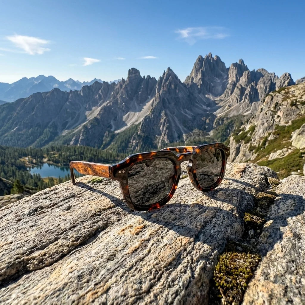 Dřevěné sluneční brýle Waidzeit Mountain View – lifestylová fotografie v horské krajině