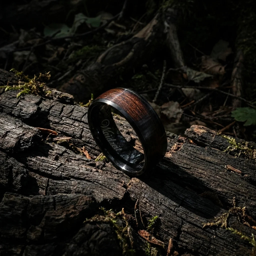 Pánský dřevěný prsten Waidzeit Harmonie Černá ocel & Dub bahenní na ruce – temná lesní krása