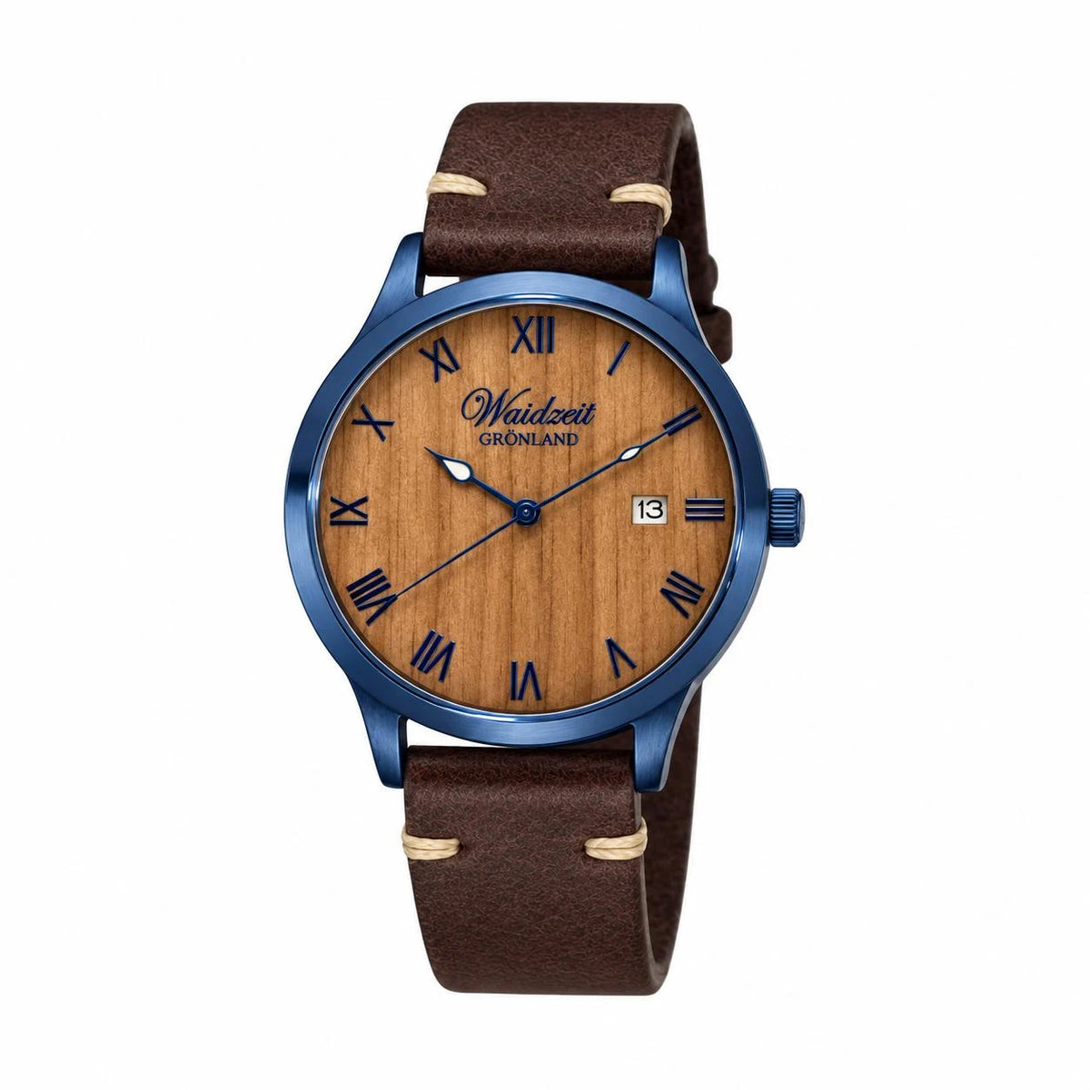 Hodinky Waidzeit Grönland Navy Blue – dřevěný ciferník s římskými číslicemi a modré pouzdro