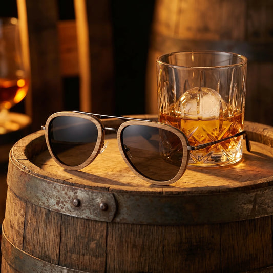 Malt Whisky - fotografie životního stylu na historickém dubovém sudu vedle křišťálové sklenice whisky