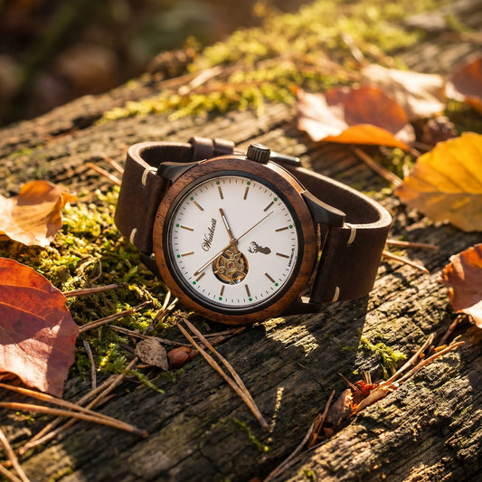 Pánské dřevěné automatické hodinky GAMSKAR LEATHER - lifestylová fotografie na mechem porostlém kmeni obklopeném podzimním listím