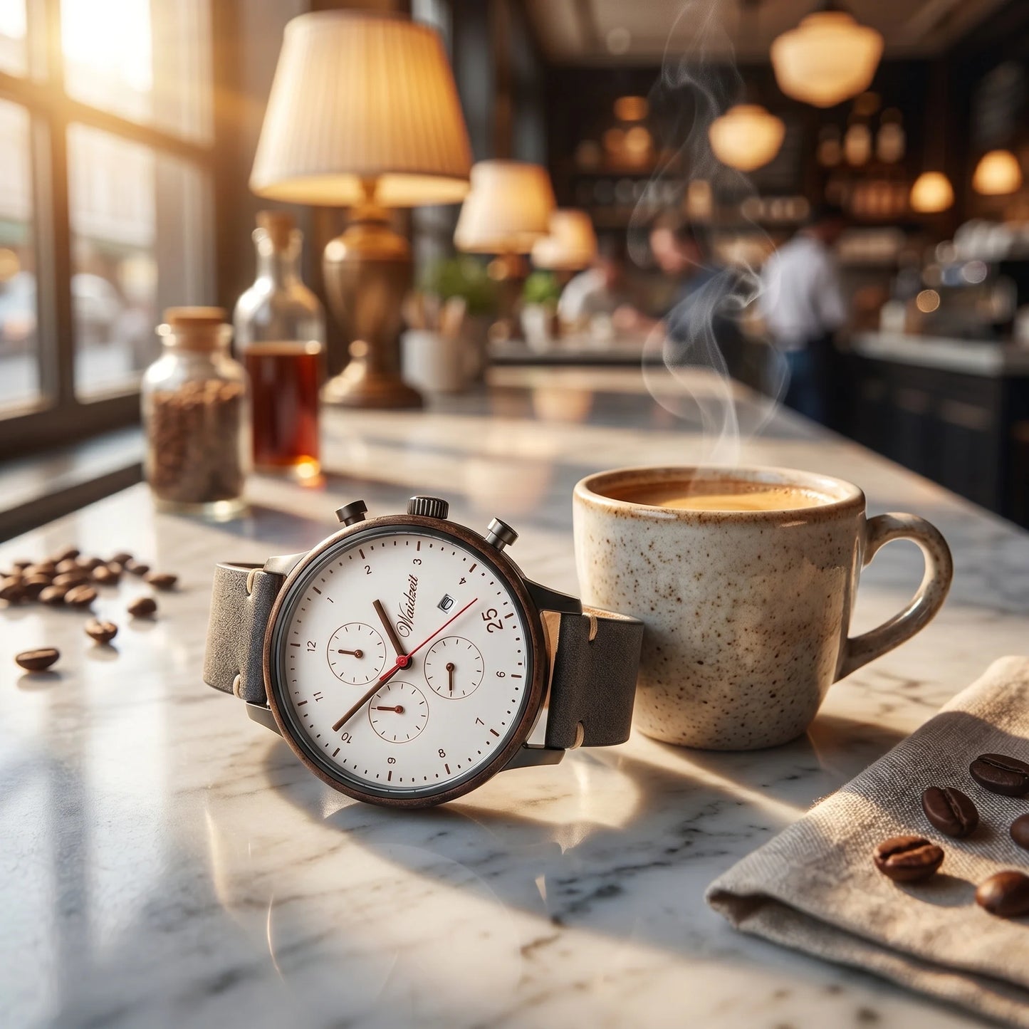Pánské dřevěné kožené hodinky Barista Bianco - fotografie životního stylu u espressa na mramorovém kavárenském pultu