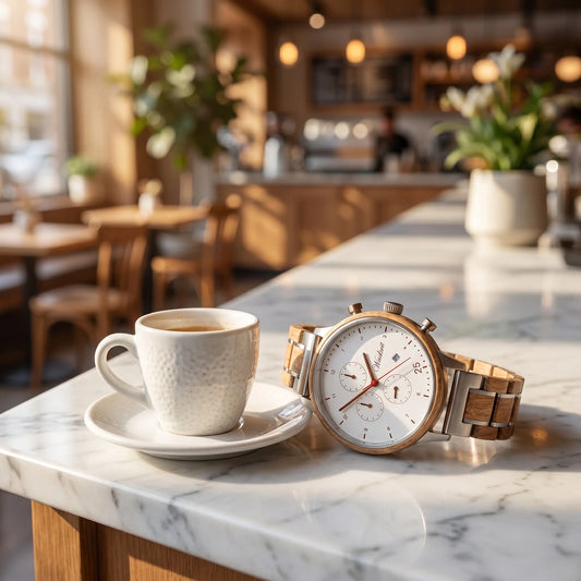 Pánské dřevěné hodinky Barista Bianco - lifestylová fotografie u espressa na mramorovém pultu kavárny