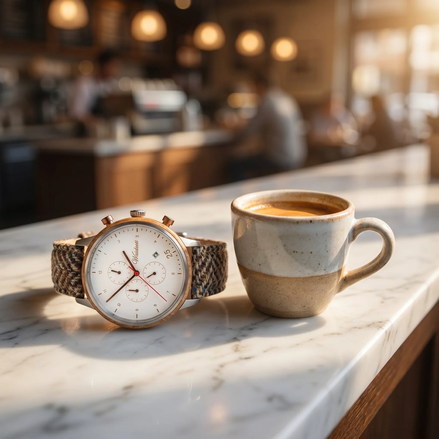 Pánské dřevěné hodinky Barista Bianco Tweed - fotografie životního stylu u espressa na mramorovém pultu kavárny