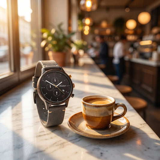 Dřevěné pánské hodinky Barista Oro Leather - fotografie espressa na mramorovém barovém pultu v lifestylovém stylu
