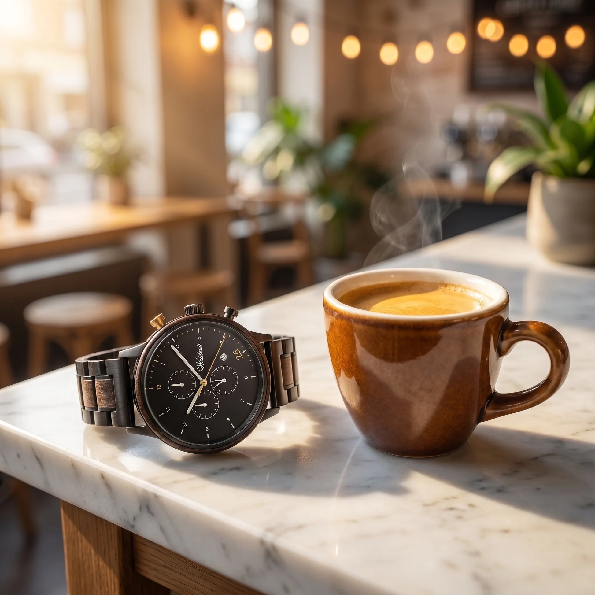Pánské dřevěné hodinky Barista Oro - fotografie životního stylu u espressa na mramorovém pultu kavárny