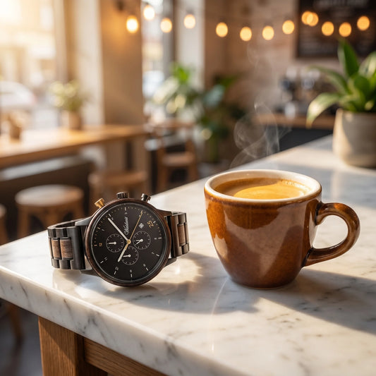 Pánské dřevěné hodinky Barista Oro - fotografie životního stylu u espressa na mramorovém pultu kavárny