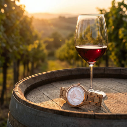 Pánské dřevěné hodinky Barrique Wine Rose - fotografie životního stylu s křišťálovou sklenicí vína na dubovém sudu