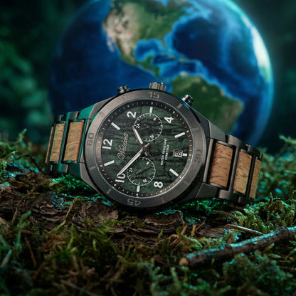 Pánské dřevěné hodinky Earth - Planetary Collection - fotografie životního stylu na vesmírném povrchu se zářící planetou a hvězdnou oblohou
