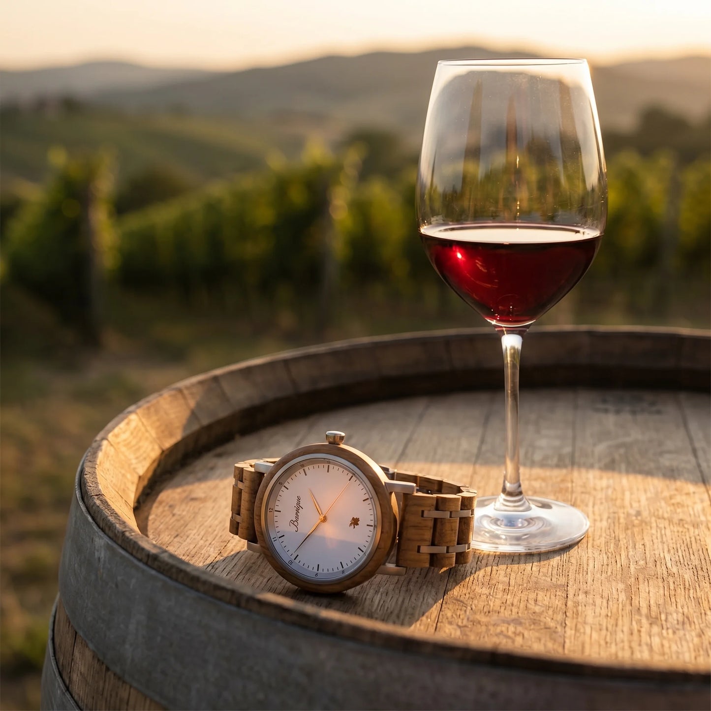 Pánské dřevěné hodinky Grapevine - fotografie životního stylu s křišťálovou sklenkou vína na dubovém sudu