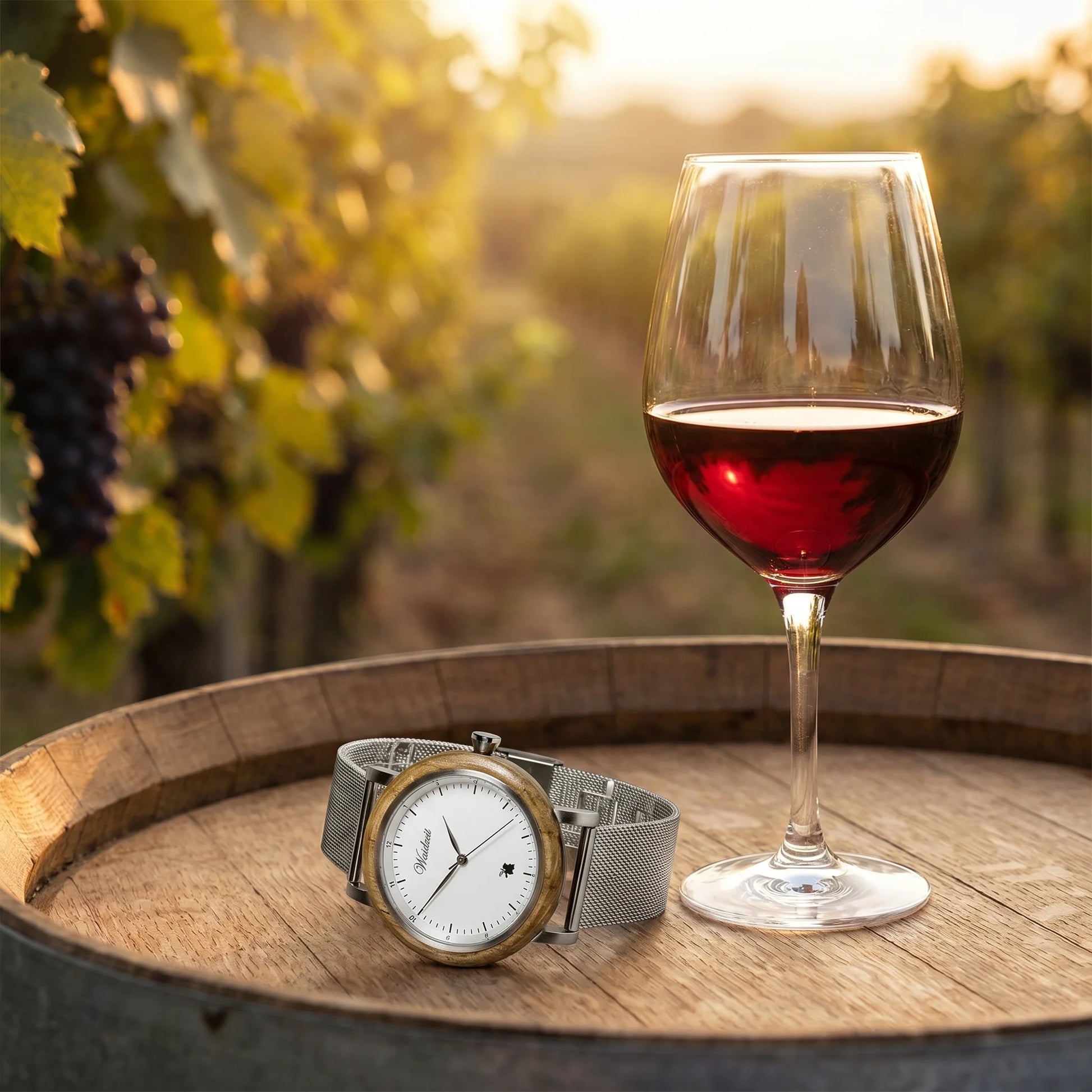 Pánské dřevěné kovové hodinky Grapevine - fotografie životního stylu s křišťálovou sklenkou vína na dubovém sudu