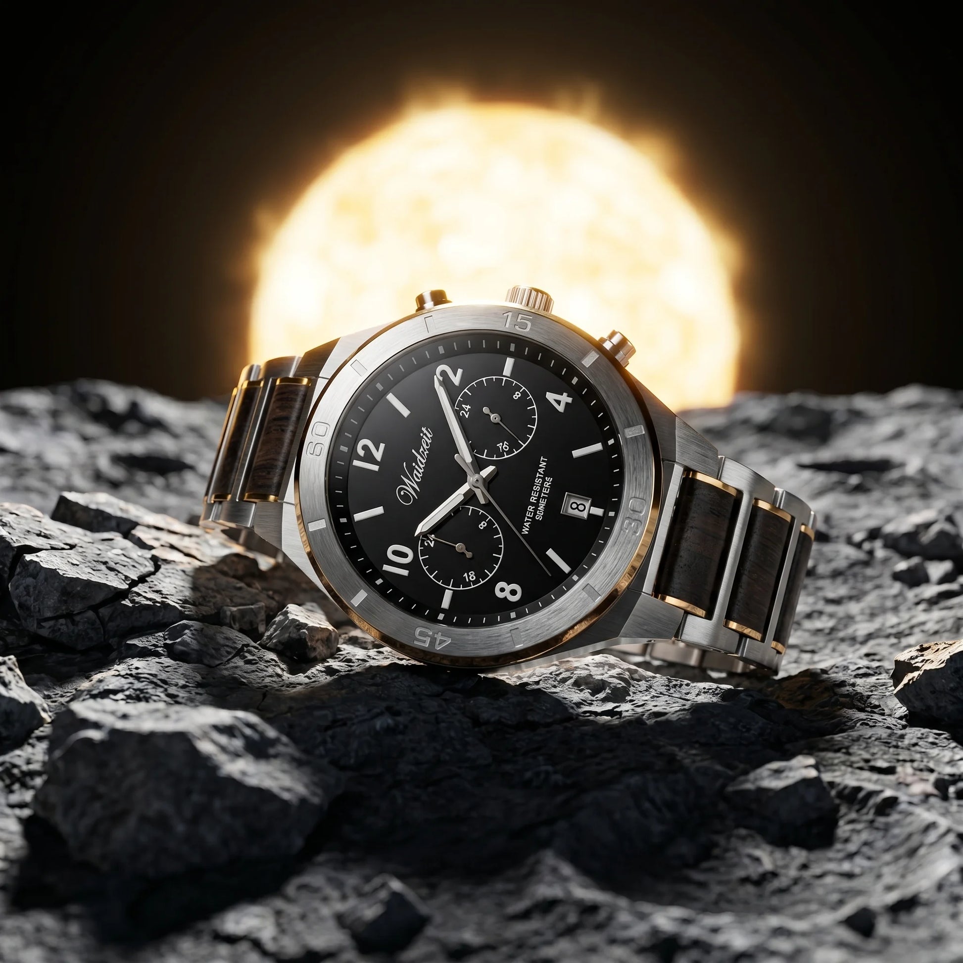 Pánské dřevěné hodinky Mercury - Planetary Collection - fotografie životního stylu na vesmírném povrchu se zářící planetou a hvězdnou oblohou