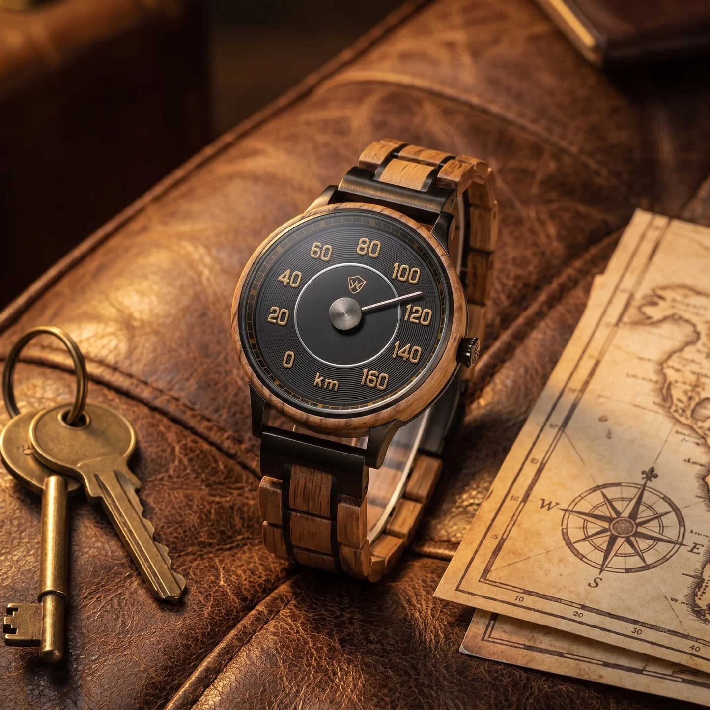 Pánské dřevěné hodinky Oldtimer - Fotografie životního stylu na kožených sedadlech od Vintage Car Keys