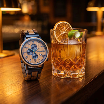 Pánské dřevěné hodinky RUM - fotografie životního stylu na adrese Elegantní rumový koktejl s citrusovou ozdobou