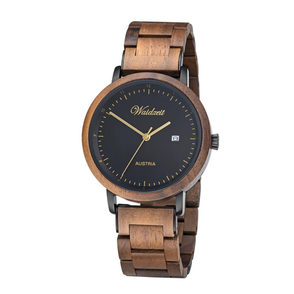 Pánske drevené hodinky Waidzeit Max – nadčasové hodinky z orechového dreva s čiernym ciferníkom, zlatými ručičkami a ukazovateľom dátumu