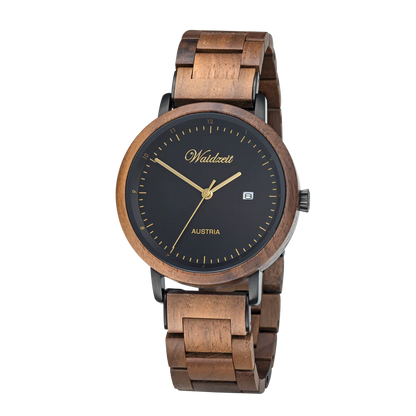 Pánske drevené hodinky Waidzeit Max – nadčasové hodinky z orechového dreva s čiernym ciferníkom, zlatými ručičkami a ukazovateľom dátumu